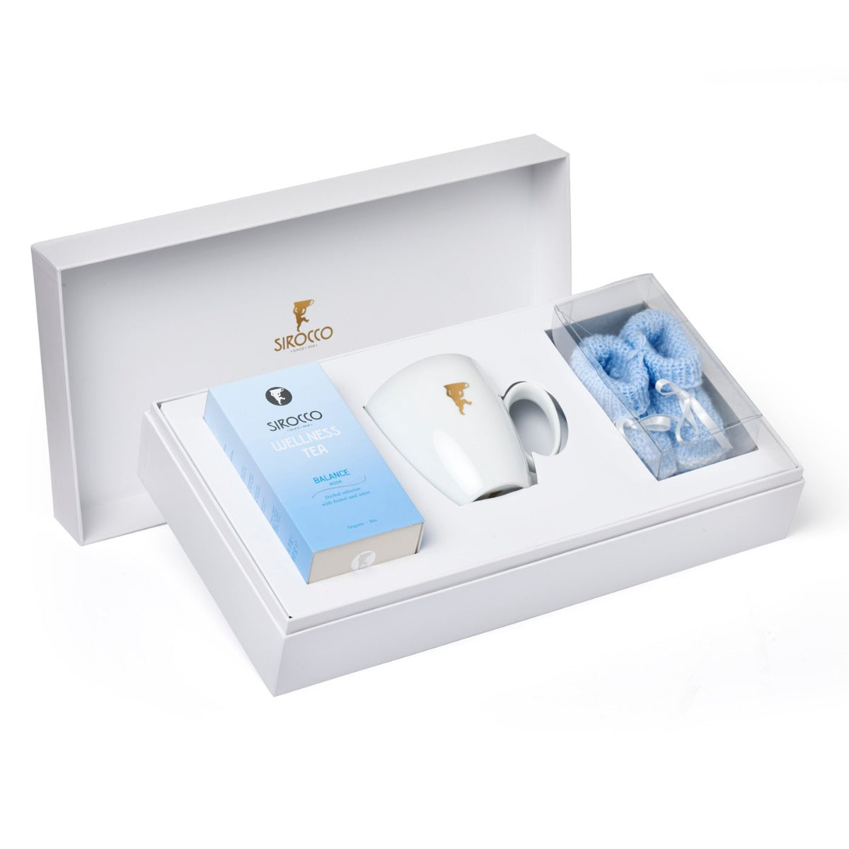 Gift set with organic tea, tea cup and baby socks